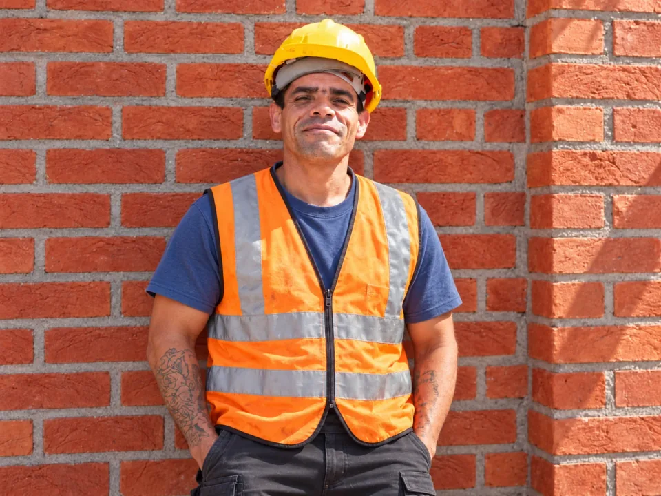 Constructeur avec casque de protection devant un mur en brique